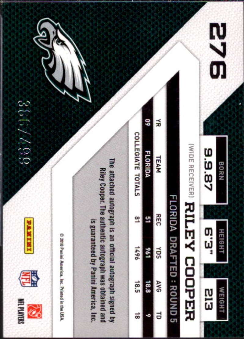 Riley Cooper/499 Card 2010 Panini Threads Autographs Silver #276  Image 2