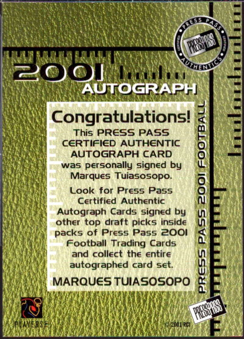 Marques Tuiasosopo Card 2001 Press Pass Autographs #44  Image 2