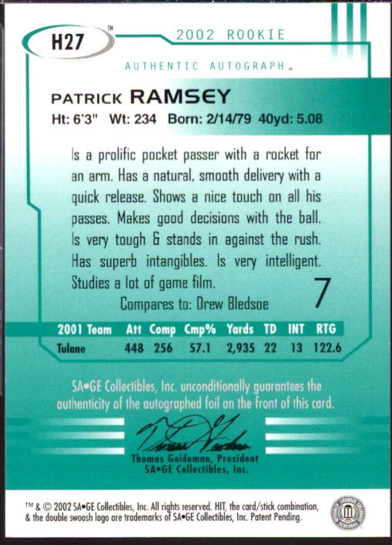 Patrick Ramsey Card 2002 SAGE HIT Autographs Emerald #H27  Image 2