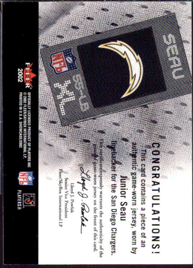 Junior Seau Card 2002 Fleer Showcase Football's Best Memorabilia #FB27  Image 2