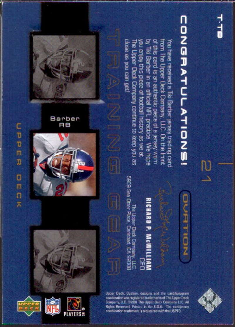 Tiki Barber Card 2001 Upper Deck Ovation Training Gear #TTB  Image 2