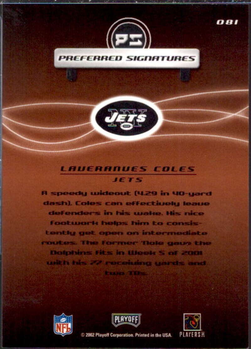 Laveranues Coles Card 2001 Playoff Preferred Signatures Bronze #81  Image 2