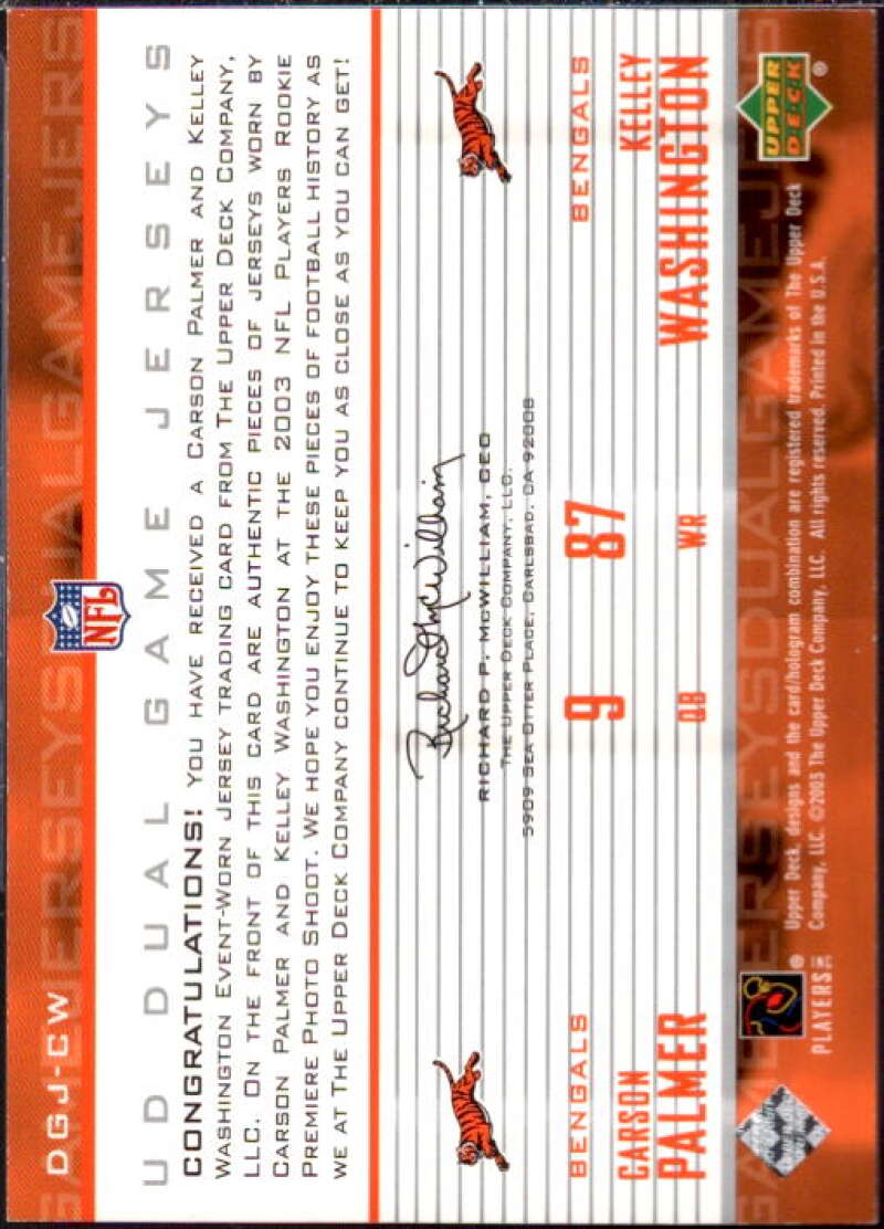 Carson Palmer/Kelley Washington Card 2003 Upper Deck Game Jerseys Duals #DGJCW  Image 2