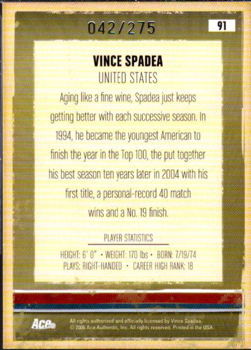 Vince Spadea/275 Card 2006 Ace Authentic Heroes and Legends Autographs #91  Image 2