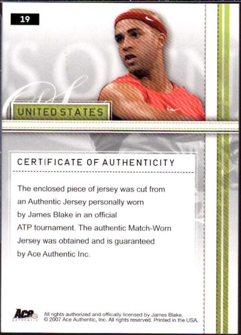 James Blake Card 2007 Ace Authentic Straight Sets Materials #19  Image 2