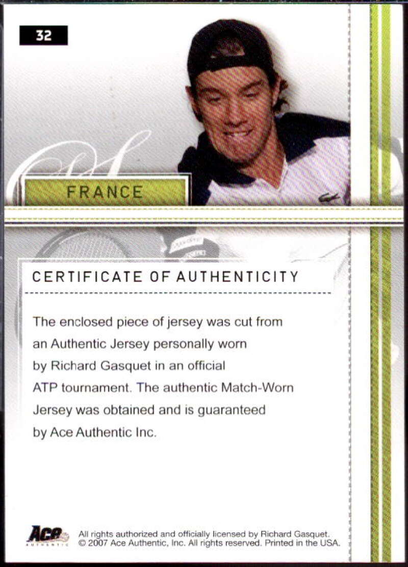 Richard Gasquet Card 2007 Ace Authentic Straight Sets Materials #32  Image 2