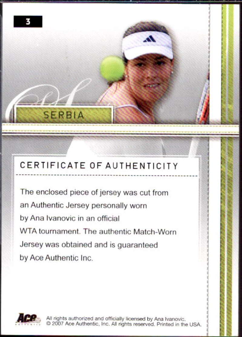 Ana Ivanovic Card 2007 Ace Authentic Straight Sets Materials #3  Image 2