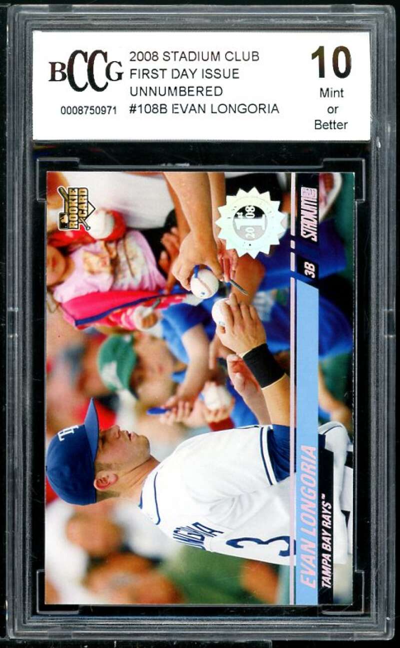 Evan Longoria Rookie Card 2008 Stadium Club First Day Issue #108B BGS BCCG 10 Image 1