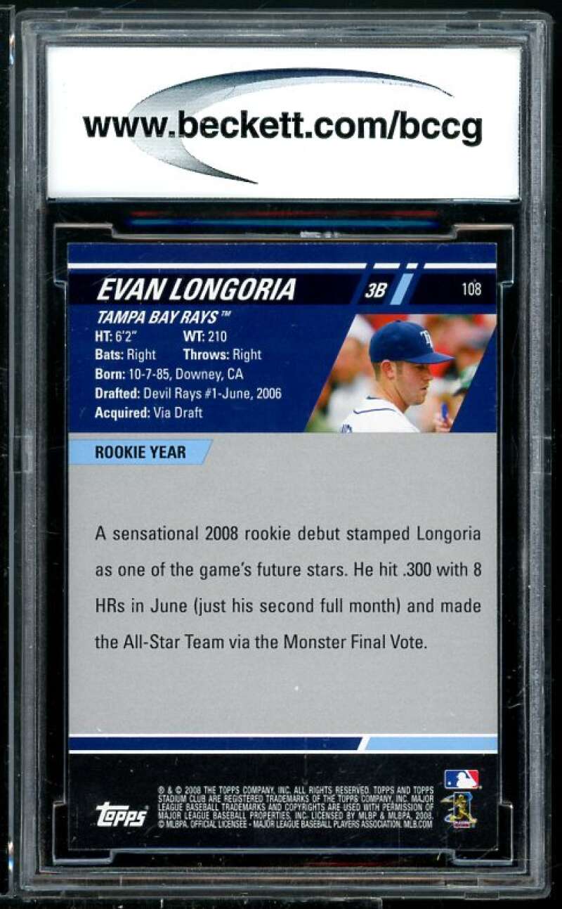 Evan Longoria Rookie Card 2008 Stadium Club First Day Issue #108B BGS BCCG 10 Image 2