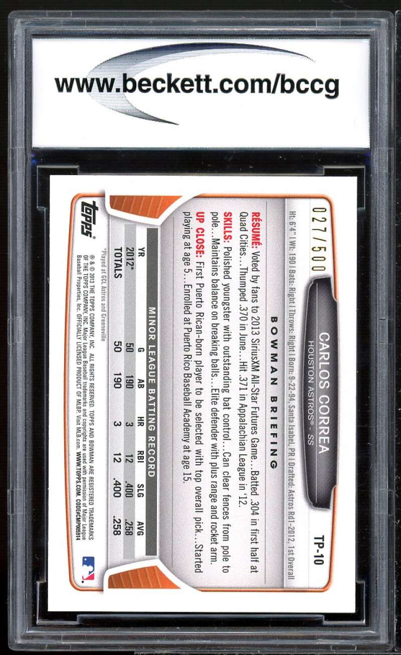 Carlos Correa Rookie Card 2013 Bowman Draft Top Prospects Blue #TP10 BGS BCCG 9 Image 2