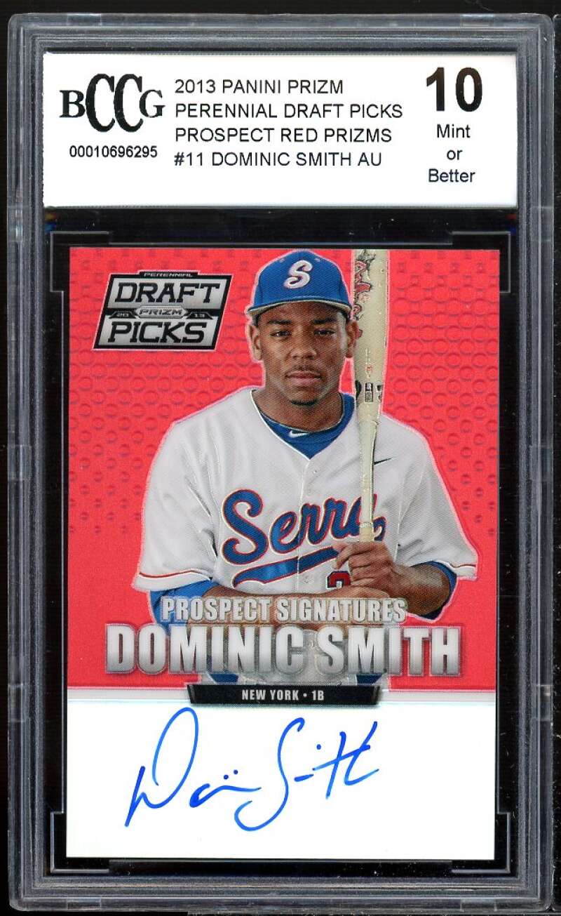 Dominic Smith 2013 Panini Prizm Perennial Draft Red Prizms Auto #11 BGS BCCG 10 Image 1