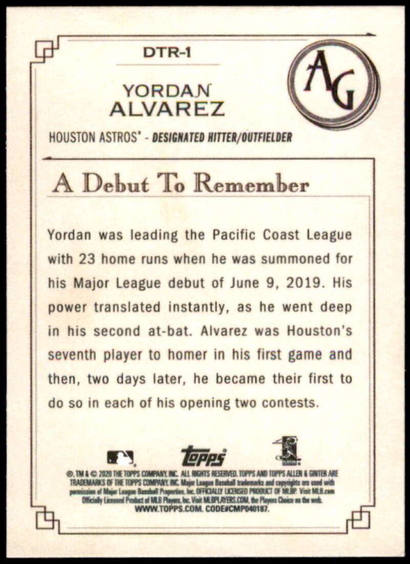 Yordan Alvarez Rookie card 2020 Topps Allen and Ginter A Debut to Remember #DTR1 Image 2