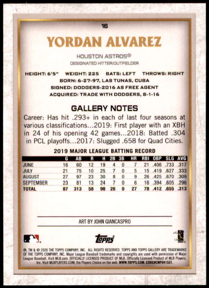 Yordan Alvarez Rookie card 2020 Topps Gallery #16 Image 2