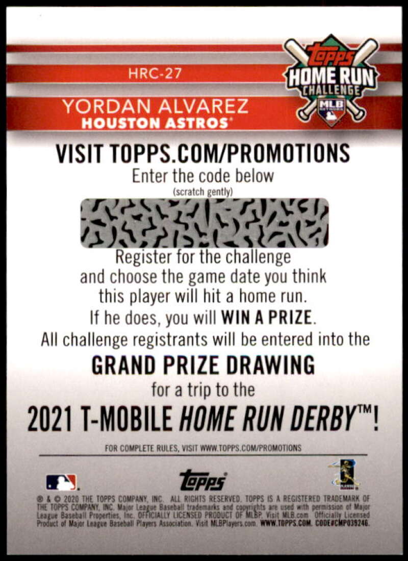 Yordan Alvarez Rookie card 2020 Topps Home Run Challenge Code Cards #HRC27 Image 2