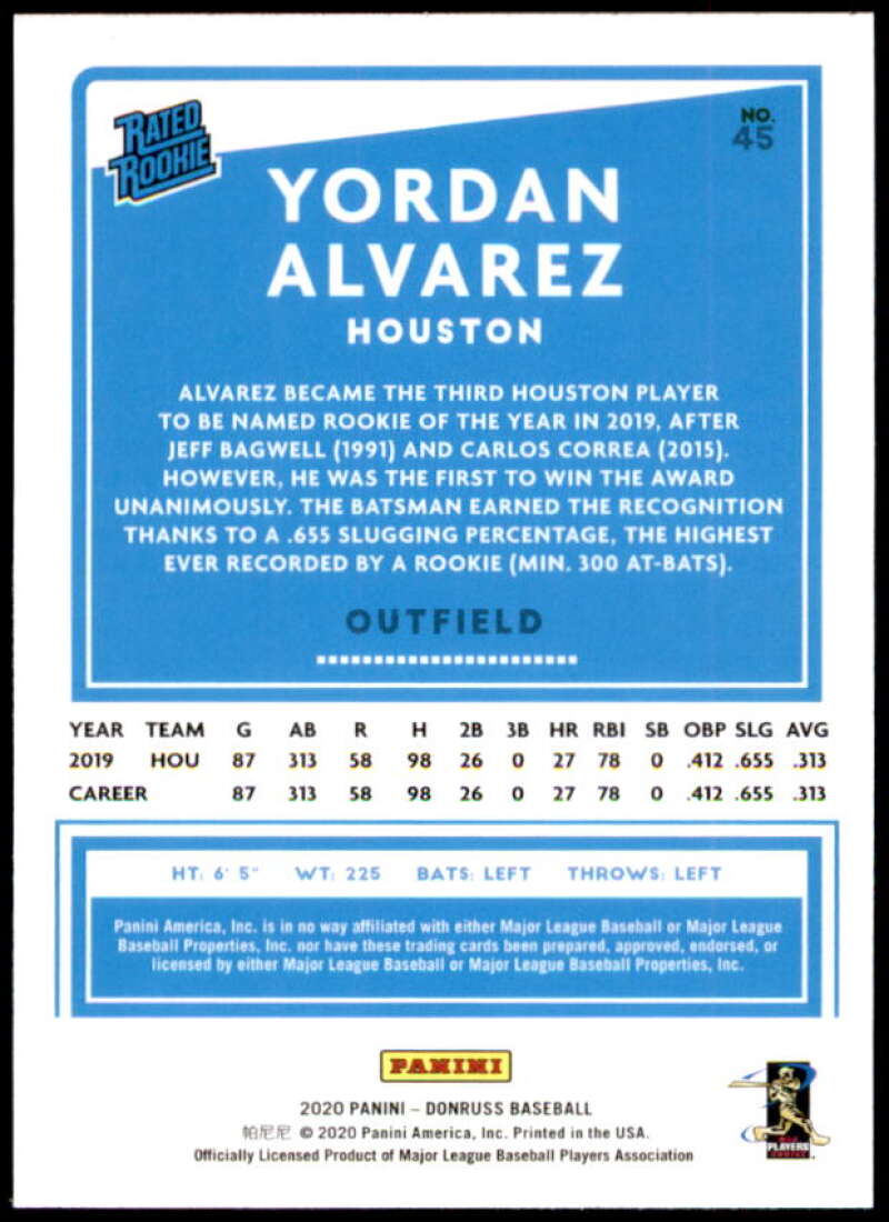 Yordan Alvarez Rookie Card RR Card 2020 Donruss Holo Purple #45 Image 2