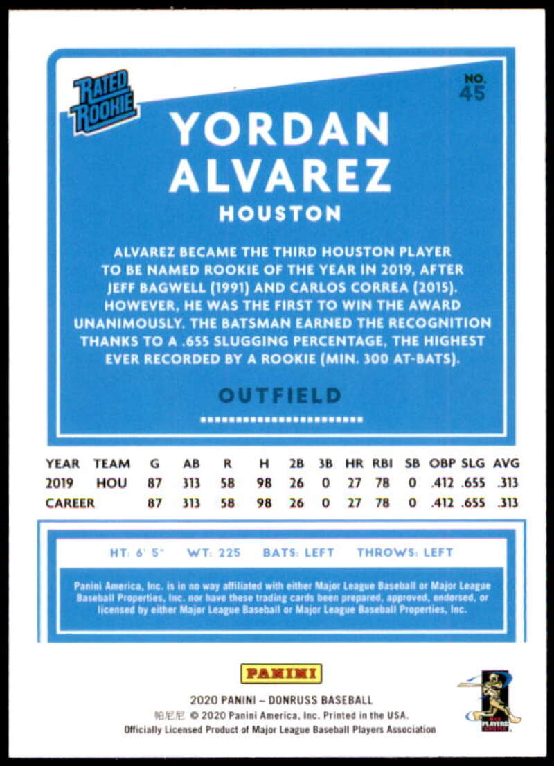 Yordan Alvarez Rookie Card RR Card 2020 Donruss Holo Red #45 Image 2