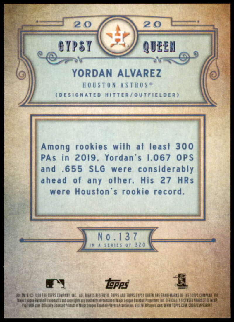 Yordan Alvarez Rookie card 2020 Topps Gypsy Queen #137 Image 2