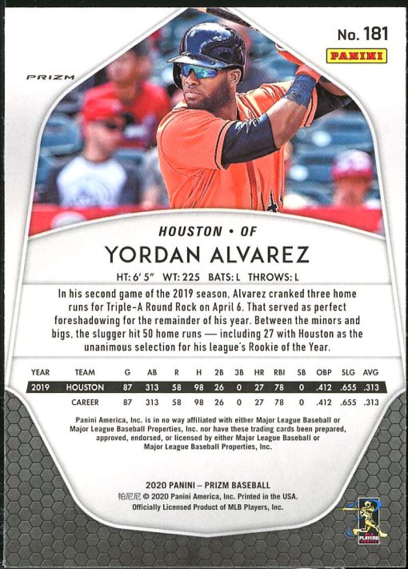 Yordan Alvarez Rookie card 2020 Panini Prizm Prizms Red White and Blue #181 Image 2