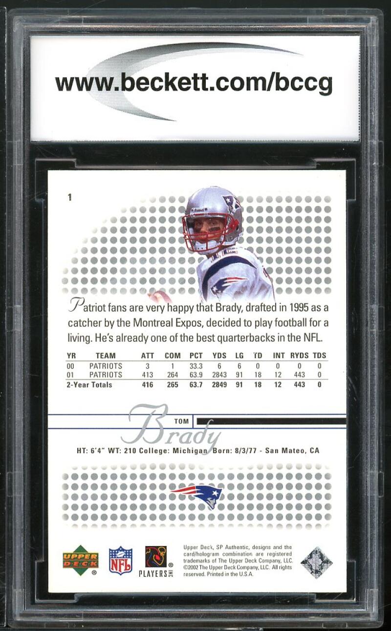 2002 SP Authentic #1 Tom Brady Card BGS BCCG 10 Mint+ Image 2