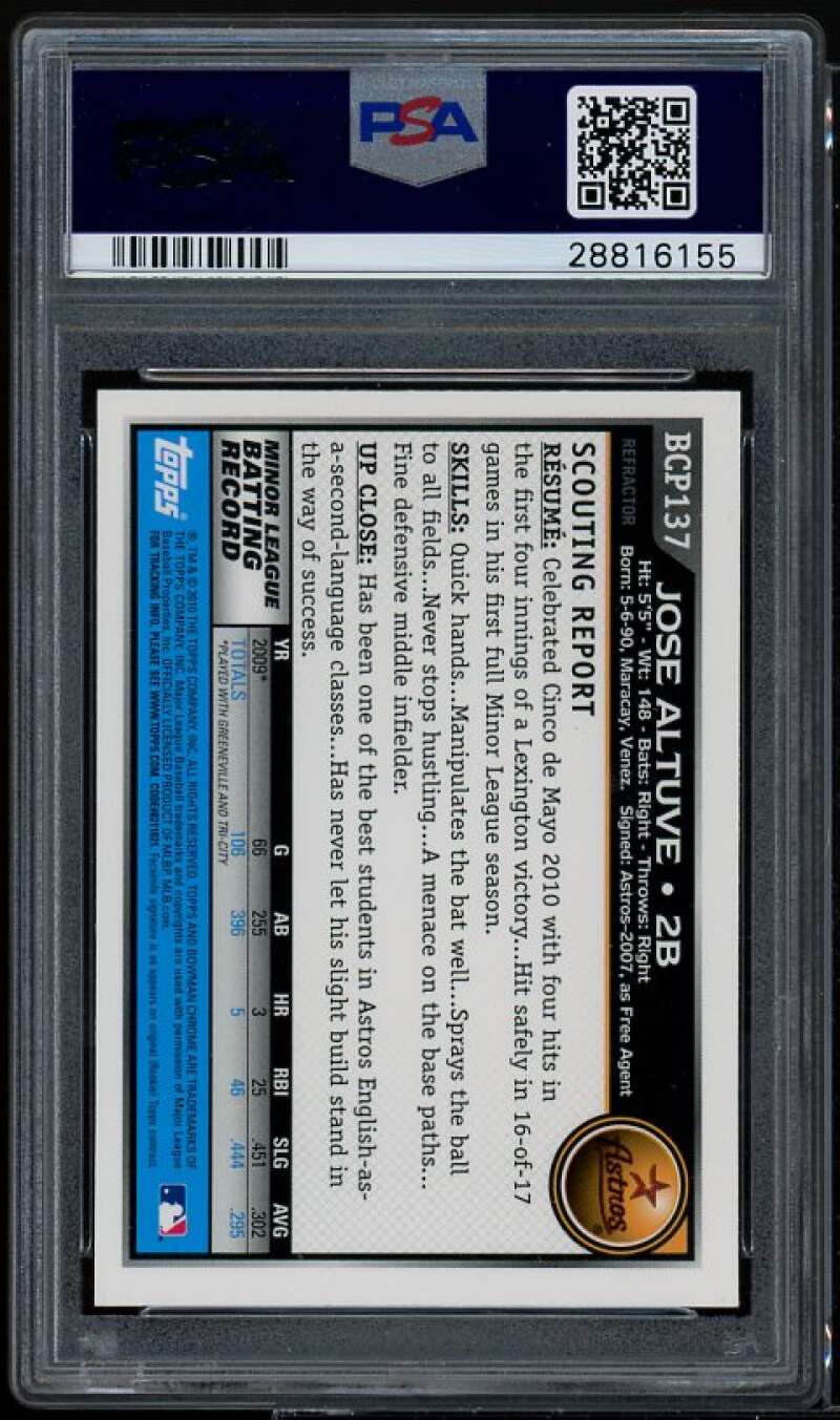 Jose Altuve Rookie 2010 Bowman Chrome Prospects Green X-Fractors #BCP137 PSA 9 Image 2