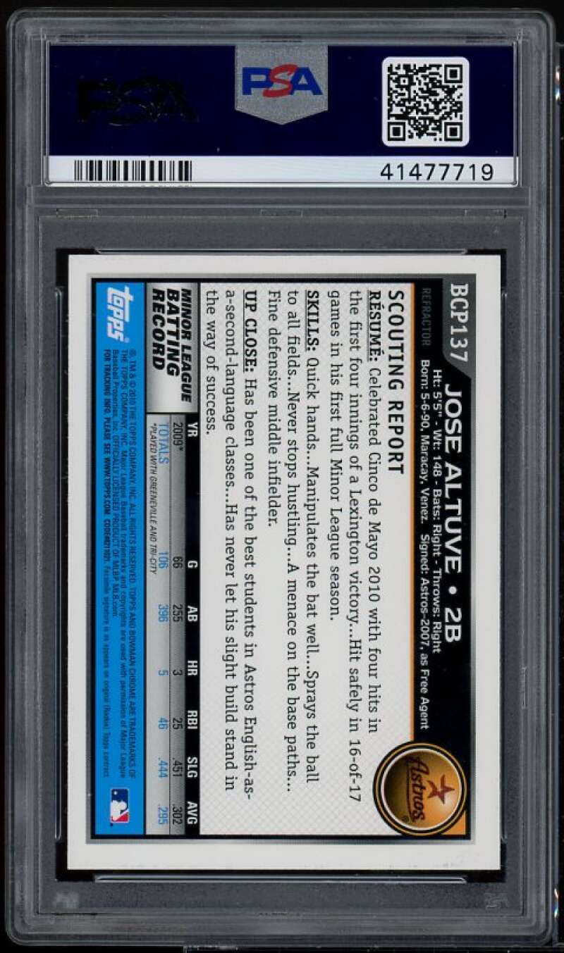 Jose Altuve Rookie 2010 Bowman Chrome Prospects Green X-Fractors #BCP137 PSA 9 Image 2