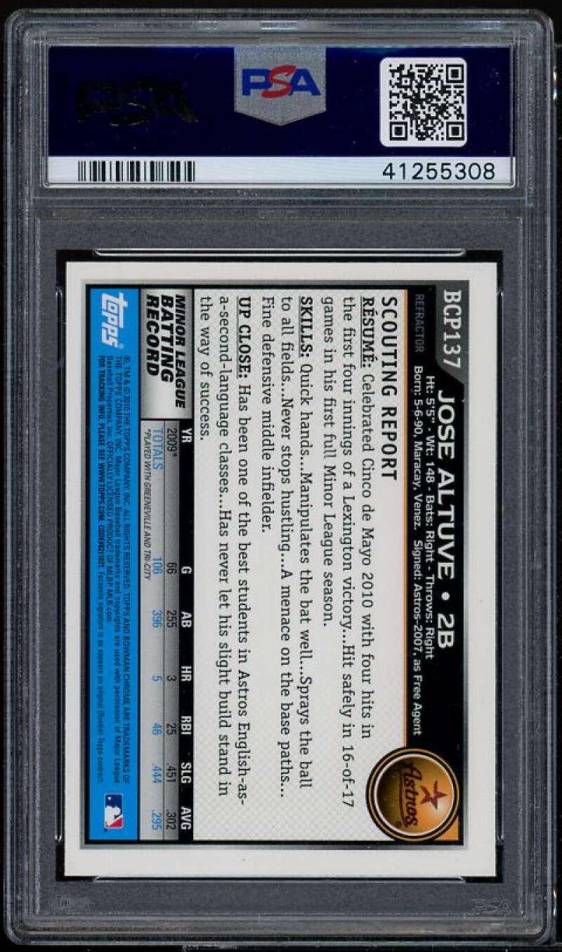 Jose Altuve Rookie 2010 Bowman Chrome Prospects Green X-Fractors #BCP137 PSA 9 Image 2