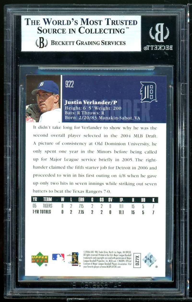 Justin Verlander Rookie Card 2006 Upper Deck #922 BGS 9 Image 2