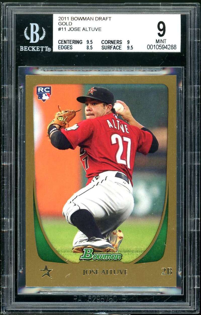 Jose Altuve Rookie Card 2011 Bowman Draft Gold #11 (pop 1) BGS 9 (9 9 8.5 9.5) Image 1