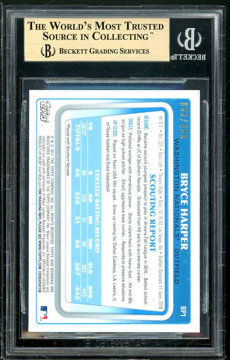 Bryce Harper Rookie 2011 Bowman Prospects Green #BP1 BGS 9.5 (9.5 9 9.5 9.5) Image 2