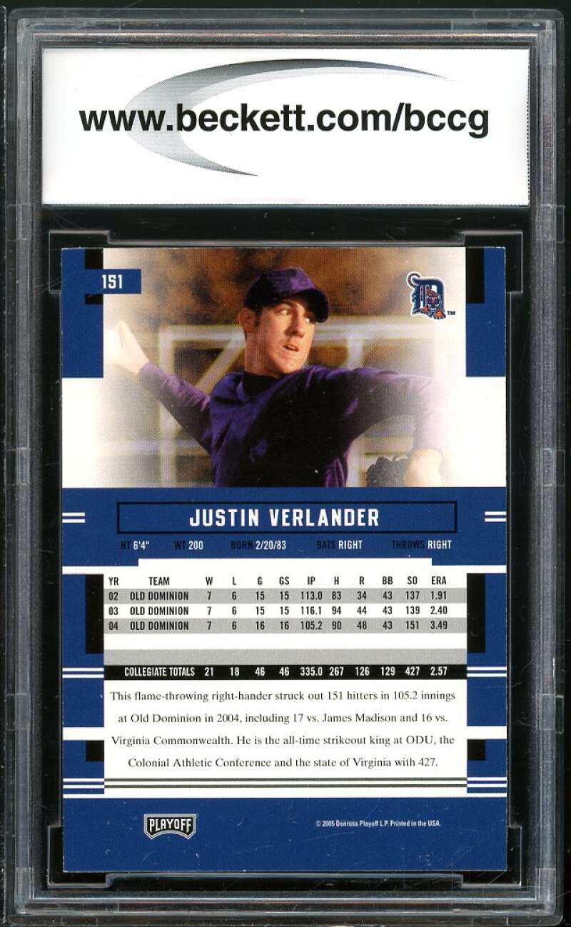 Justin Verlander Rookie Card 2005 Playoff Prestige #151 BGS BCCG 10 Image 2