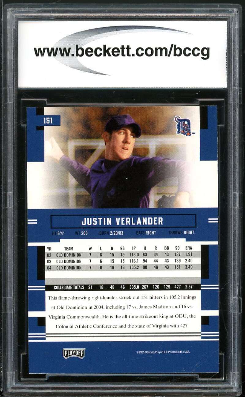 Justin Verlander Rookie Card 2005 Playoff Prestige #151 BGS BCCG 10 Image 2