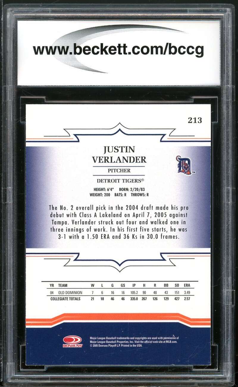 Justin Verlander Rookie Card 2005 Throwback Threads #213 BGS BCCG 10 Image 2