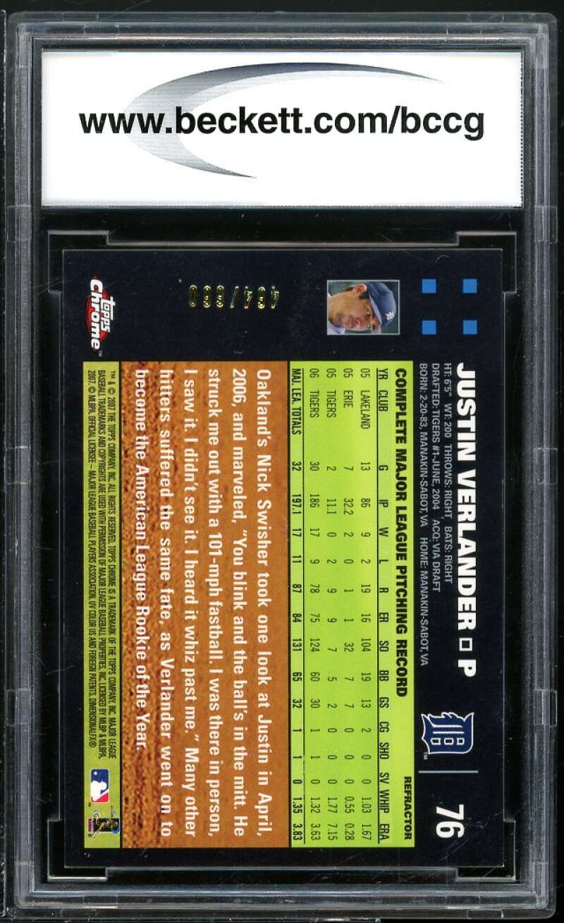 Justin Verlander Rookie Card 2007 Topps Chrome Refractors #76 BGS BCCG 10 Image 2