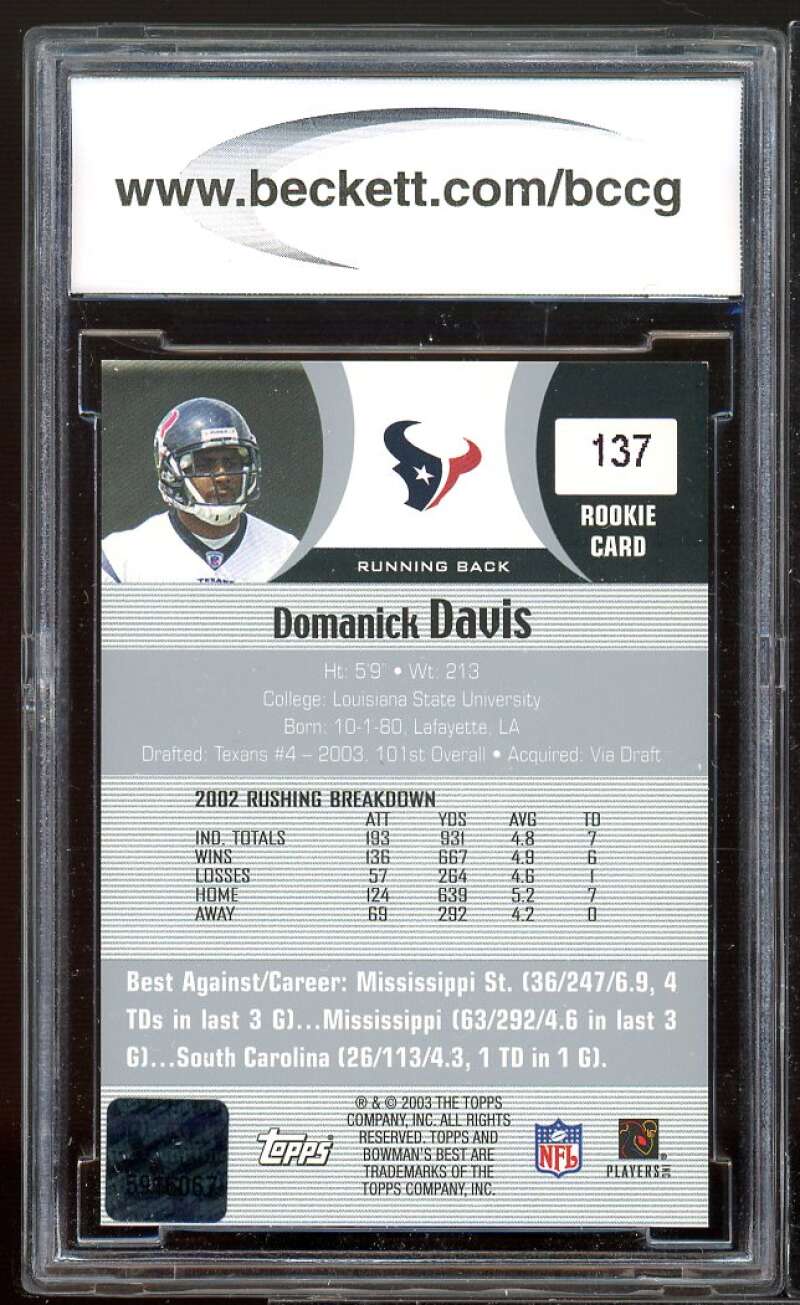 Domanick Davis Rookie Card 2003 Bowman's Best Autograph #137 BGS BCCG 10 Image 2