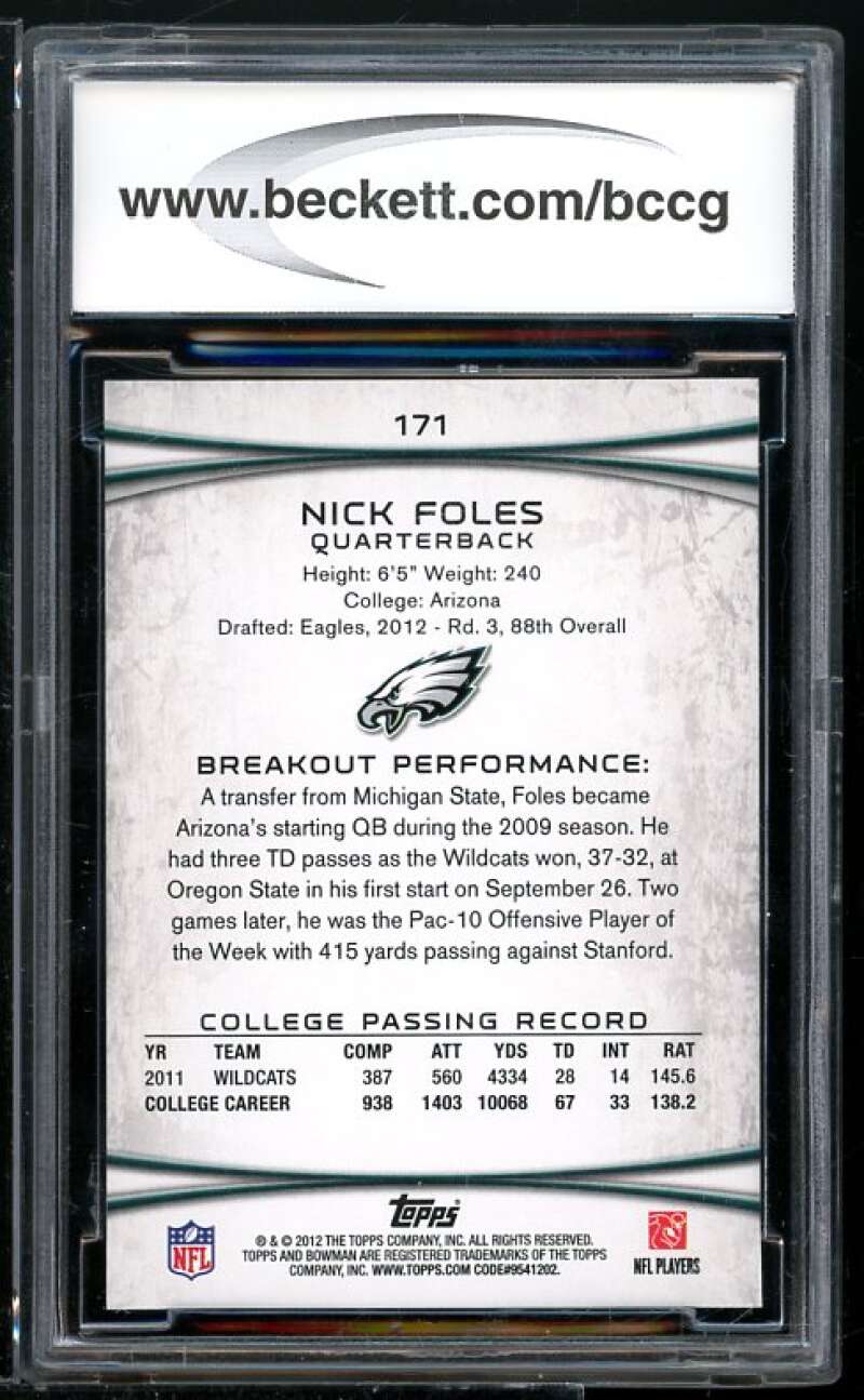 Nick Foles Rookie Card 2012 Bowman #171A BGS BCCG 10 Image 2