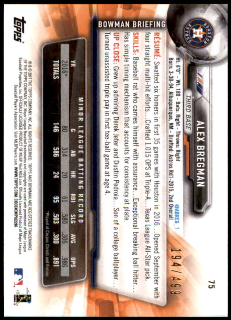 Alex Bregman Card 2017 Bowman #75  Image 2