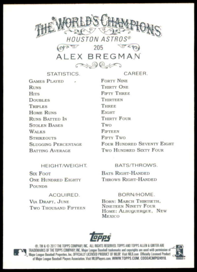 Alex Bregman Card 2017 Topps Allen and Ginter #205  Image 2