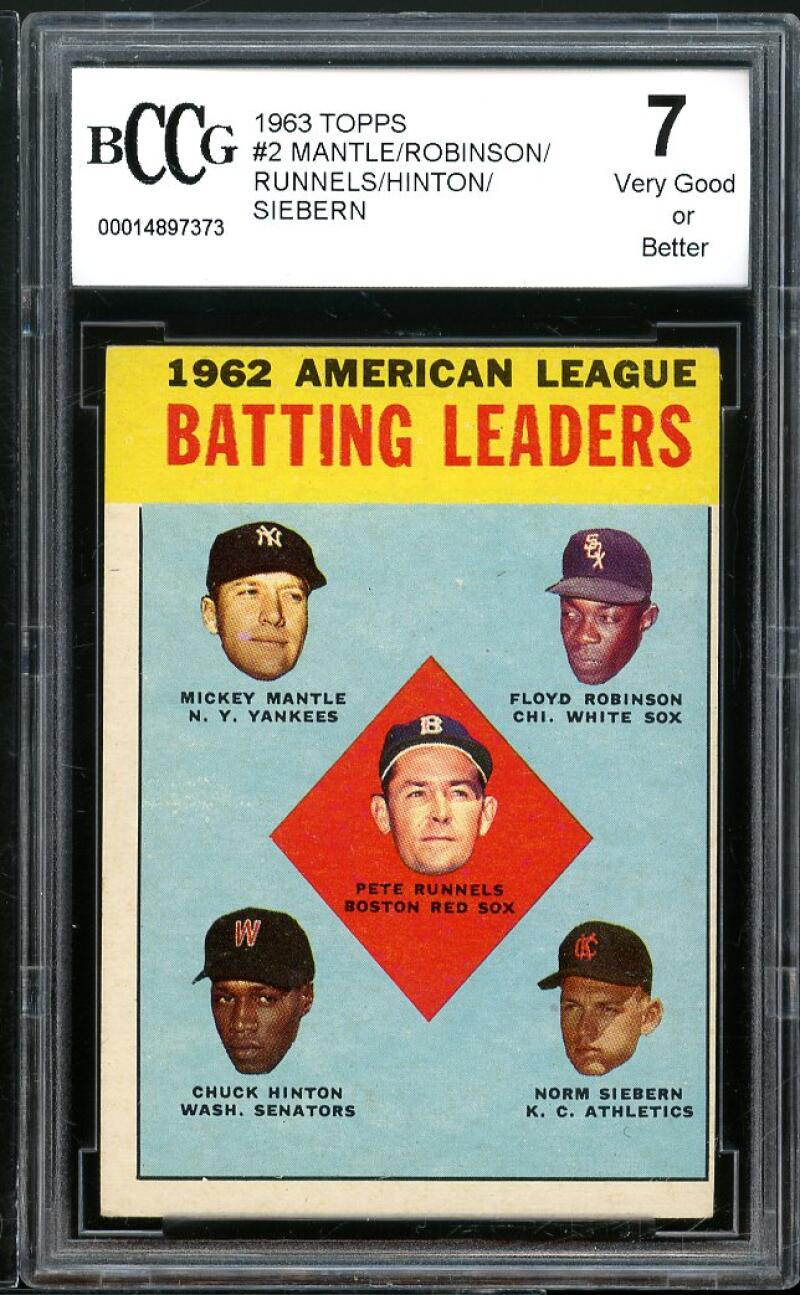 Mickey Mantle / Robinson / Runnels/Hinton Card 1963 Topps #2 Leaders BGS BCCG 7 Image 1