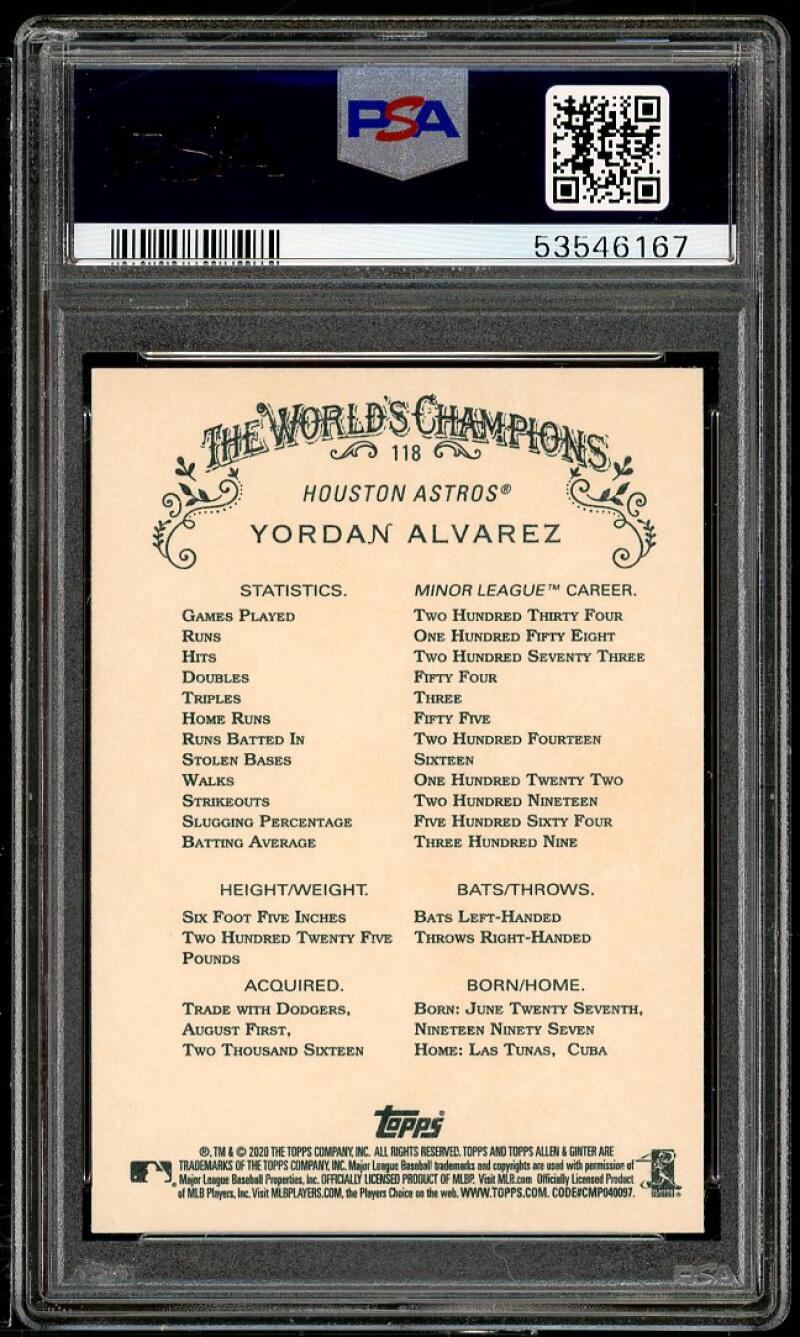 Yordan Alvarez Rookie Card 2020 Topps Allen &amp; Ginter #118 PSA 9 Image 2