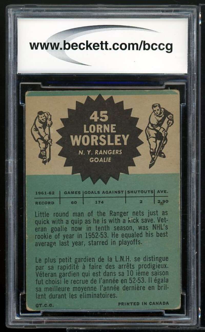 Gump Worsley Card 1962-63 Topps #45 BGS BCCG 7 Image 2