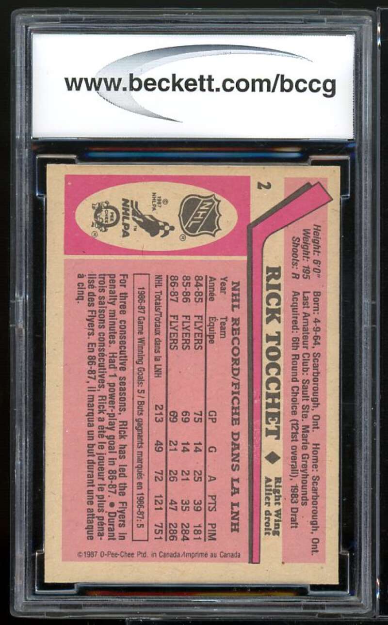 Rick Tocchet Card 1987-88 O-Pee-Chee #2 BGS BCCG 9 Image 2