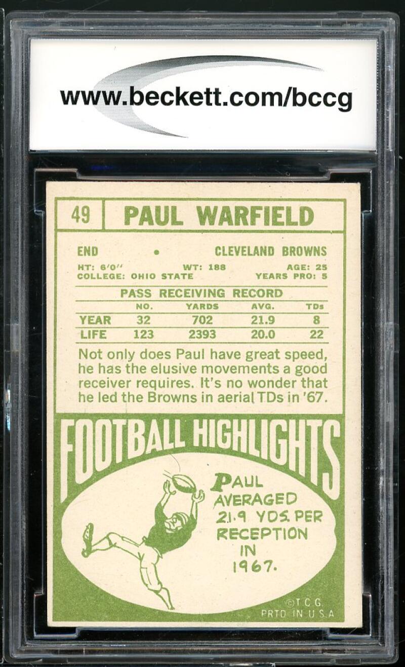 1968 Topps #49 Paul Warfield Card BGS BCCG 8 Excellent+ Image 2