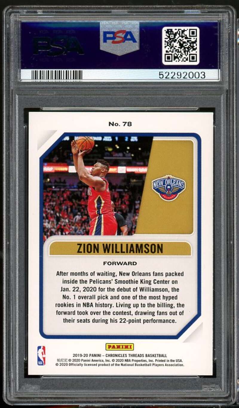 Zion Williamson Rookie Card 2019-20 Panini Chronicles #78 PSA 9 Image 2