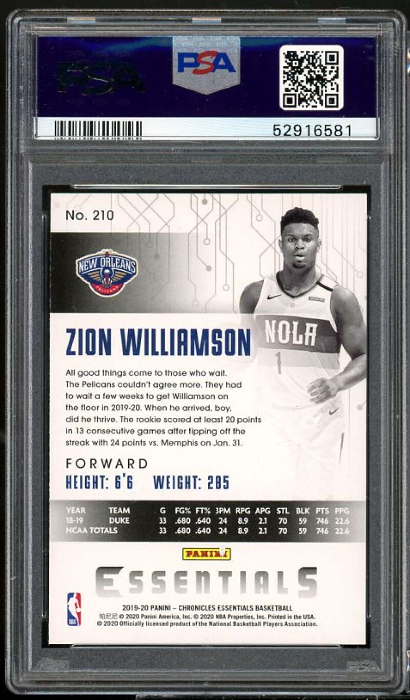 Zion Williamson Rookie Card 2019-20 Panini Chronicles #210 PSA 9 Image 2