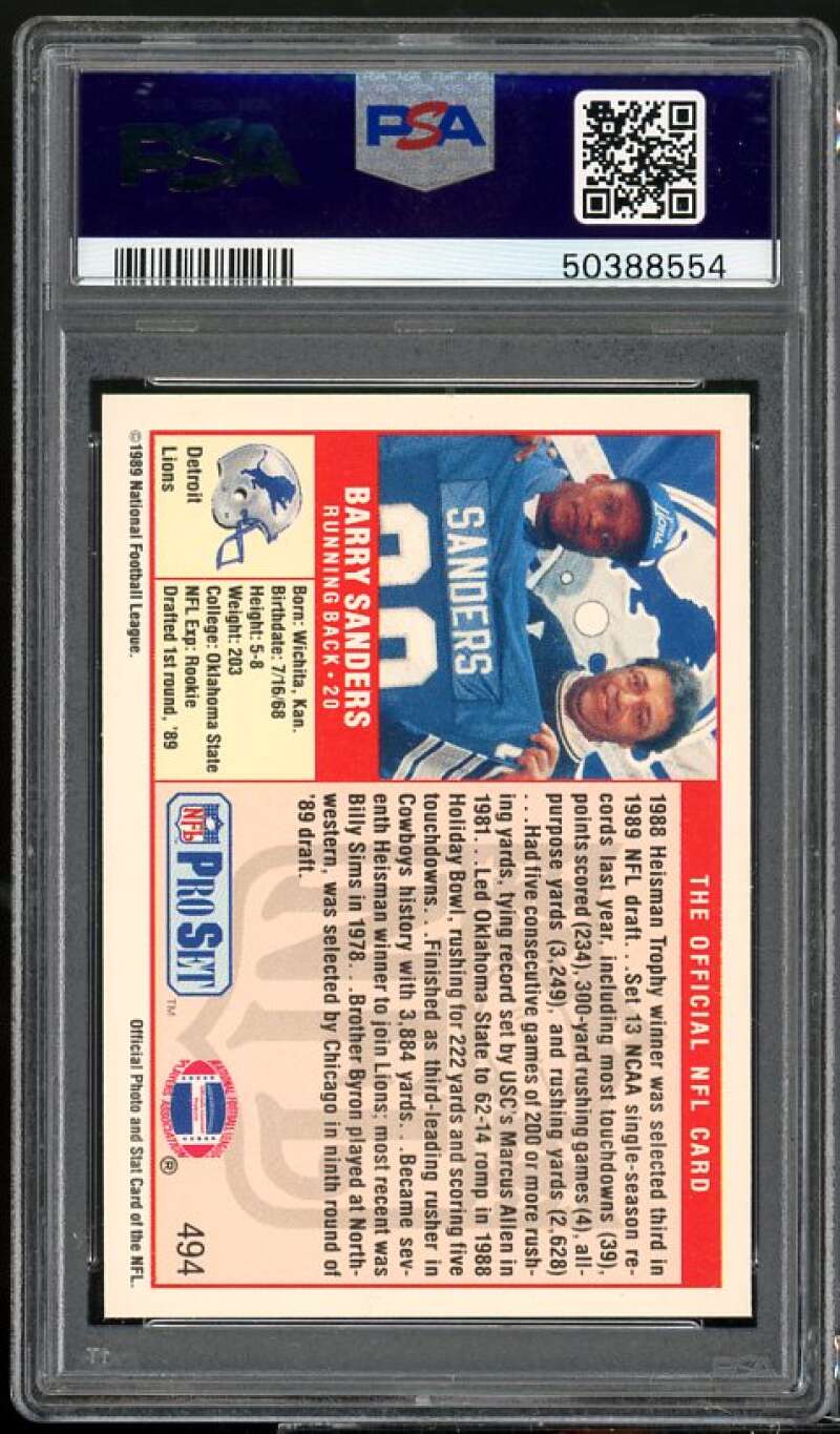 Barry Sanders Rookie Card 1989 Pro Set #494 PSA 9 Image 2