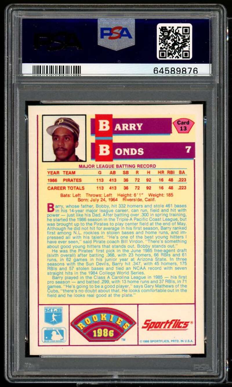 Barry Bonds Rookie Card 1986 Sportflics Rookies #13 PSA 10 Image 2