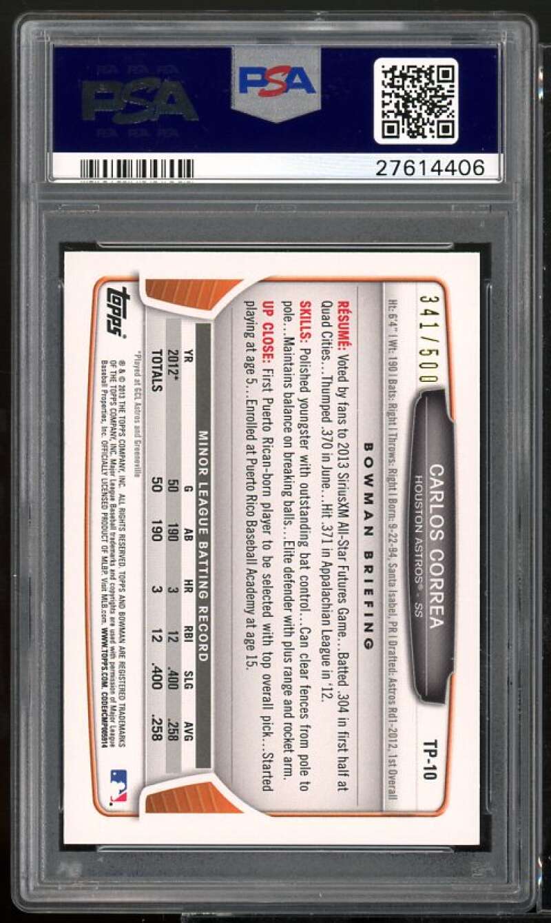 Carlos Correa Rookie Card 2013 Bowman DP &amp; Prospects Blue #TP-10 PSA 10 Image 2