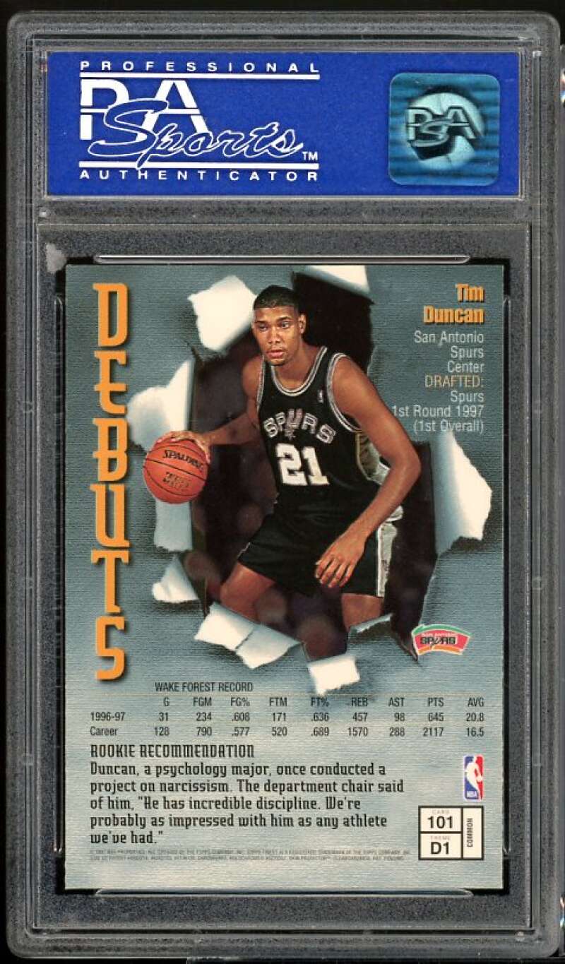 Tim Duncan Rookie Card 1997-98 Finest w/Coating #101 PSA 8 Image 2