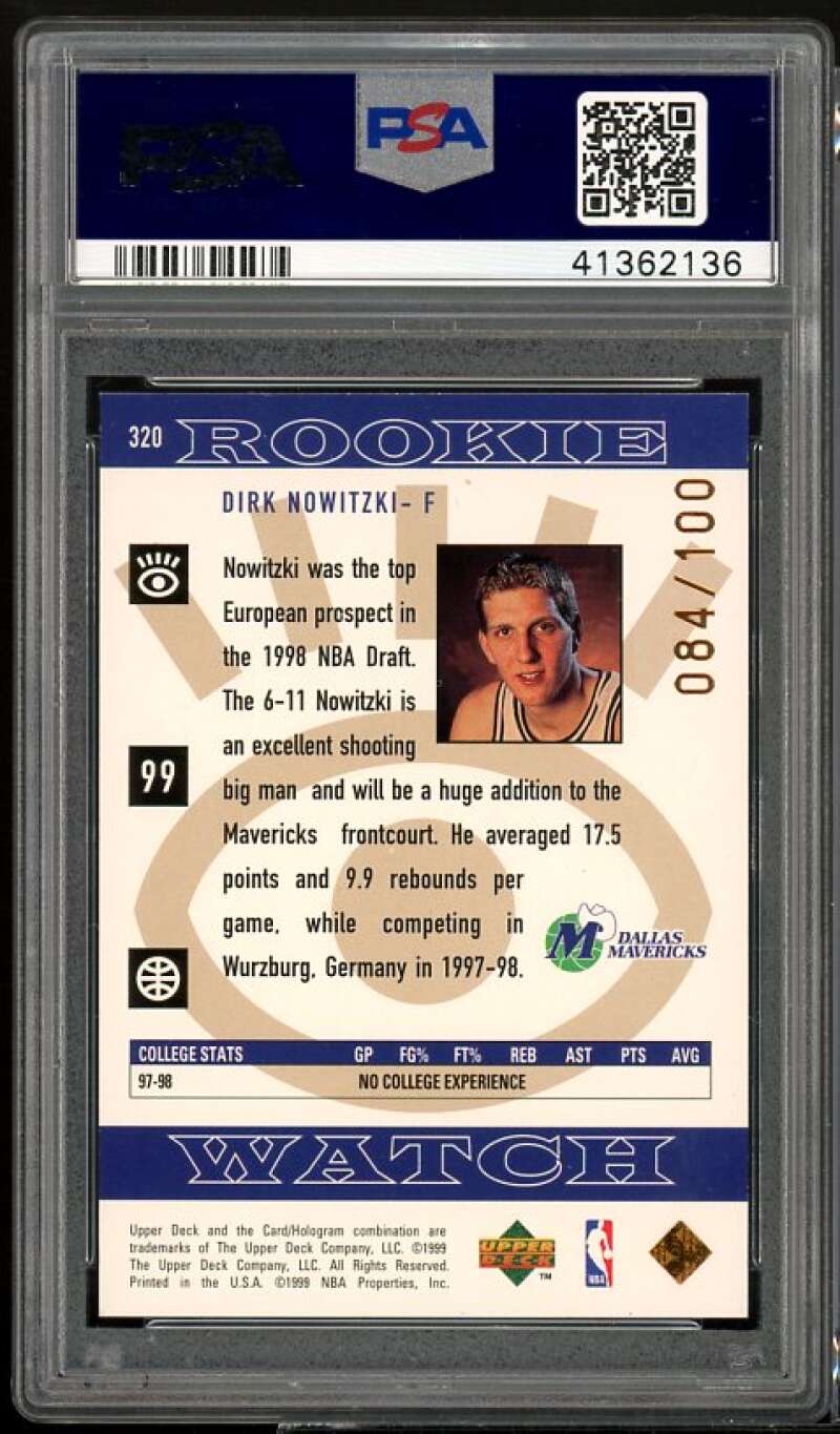 Dirk Nowitzki Rookie Card 1998-99 Upper Deck Bronze #320 PSA 8 Image 2