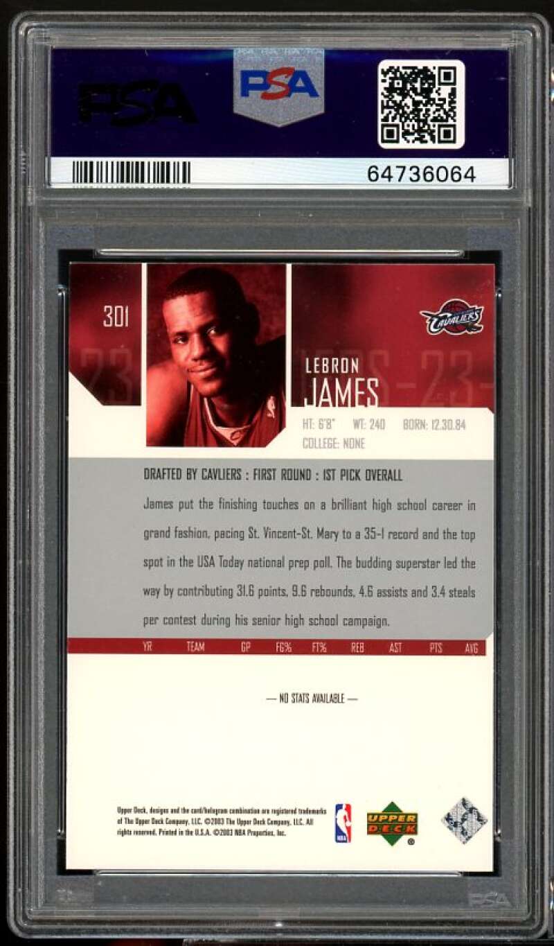 LeBron James Rookie Card 2003-04 Upper Deck #301 PSA 9 Image 2